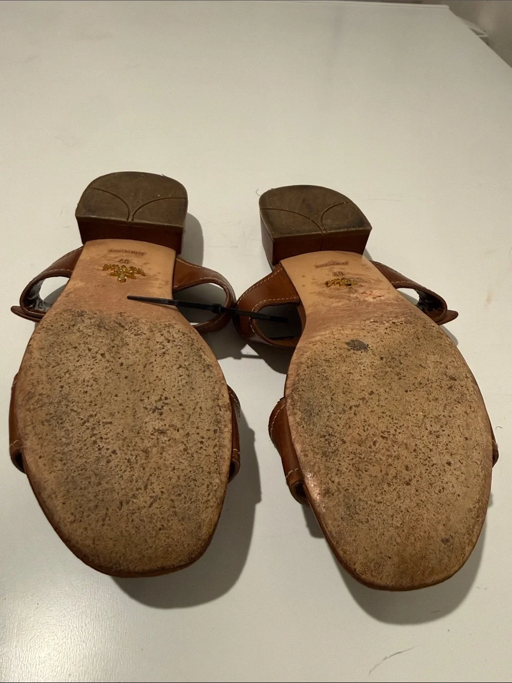 PRADA Tan Brown Leather Double-Strap Slide Sandals - Picture 7 of 14